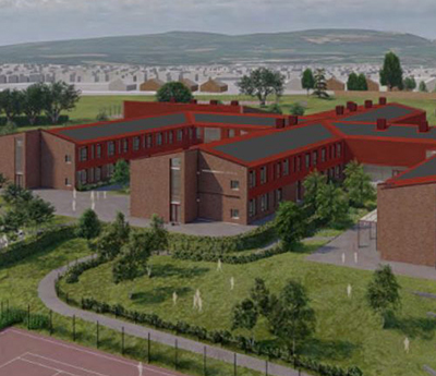Aerial architectural 3D rendering of the completed Mynydd Isa Campus designed and built by Robertson North West. The image shows a modern multi-wing brick building with red roof detailing, surrounded by extensive green spaces, a multi-use games area (MUGA), outdoor sports courts, and landscaped pedestrian pathways under a bright sky.