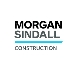 morgan-250×250 Logo for Morgan Sindall Construction featuring the company name in stacked black and grey serif typography, underscored by a bright cyan horizontal line.