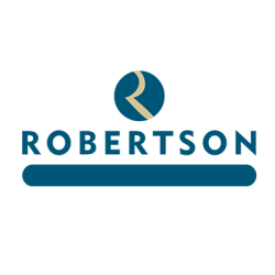 robertson-250×250 Robertson logo featuring a dark teal circular emblem with a stylized beige 'R' inside, positioned above the word 'ROBERTSON' in teal capital letters and a thick teal rounded bar below.